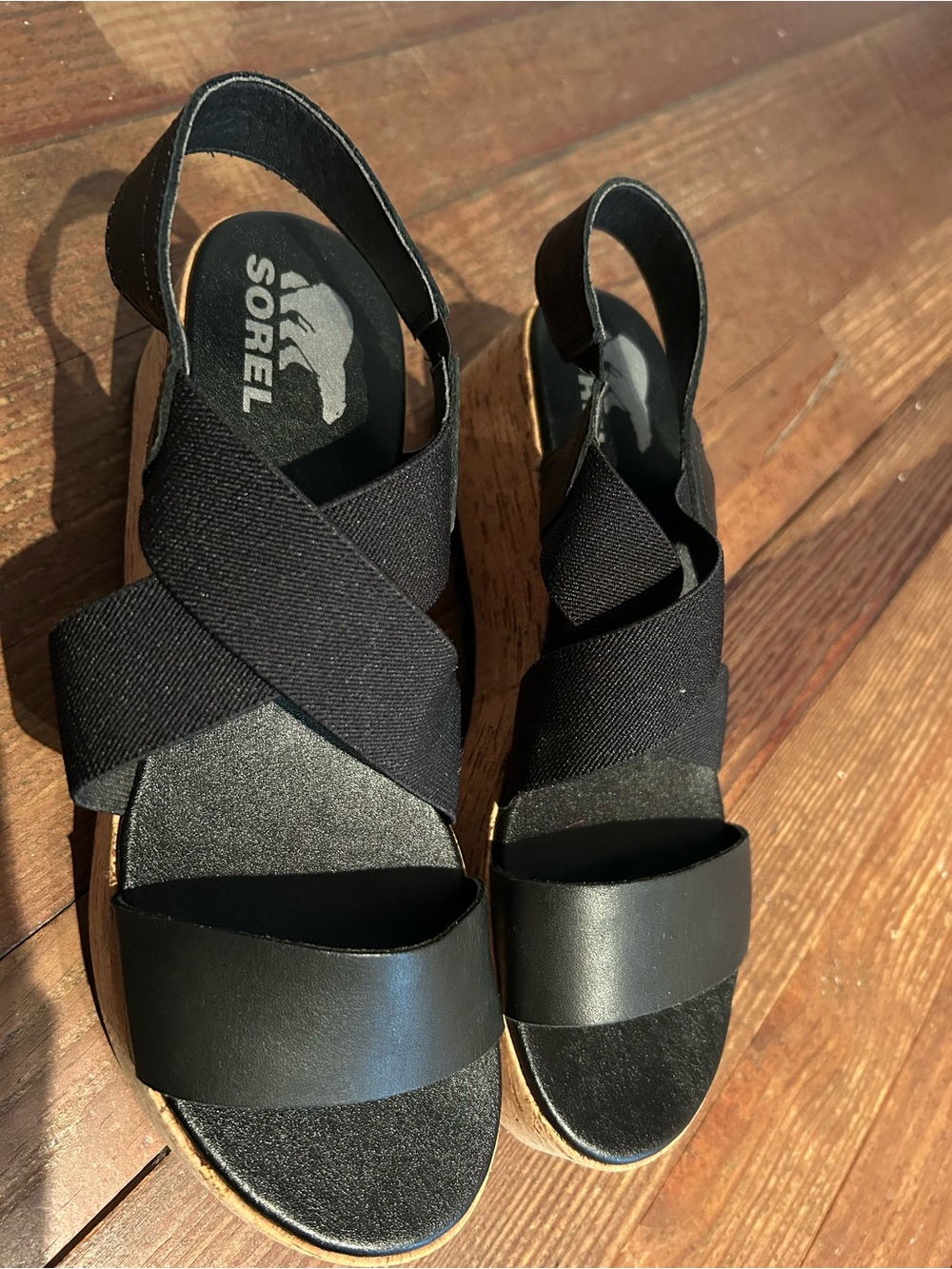 Sorel Black Cork Platform Sandals with Elastic Crossover Straps - Picture 6 of 7